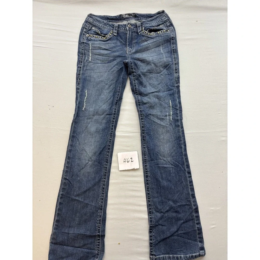 Cello Jeans Womens 10 Medium Wash Distressed Embellished Flare Denim Jeans Blue